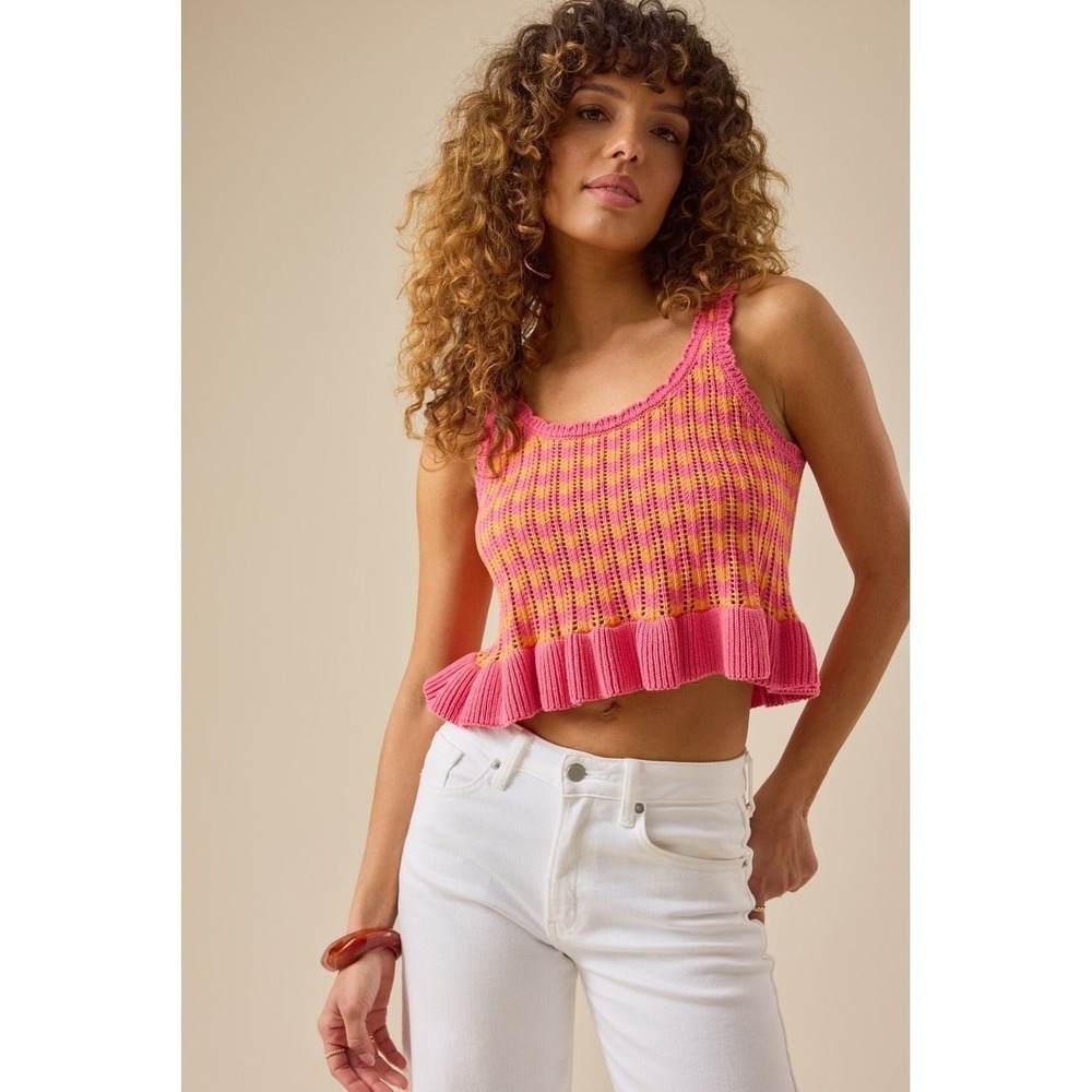 Altar'd State Striped Knit Cropped Tank Top with Ruffle Hem Size XS